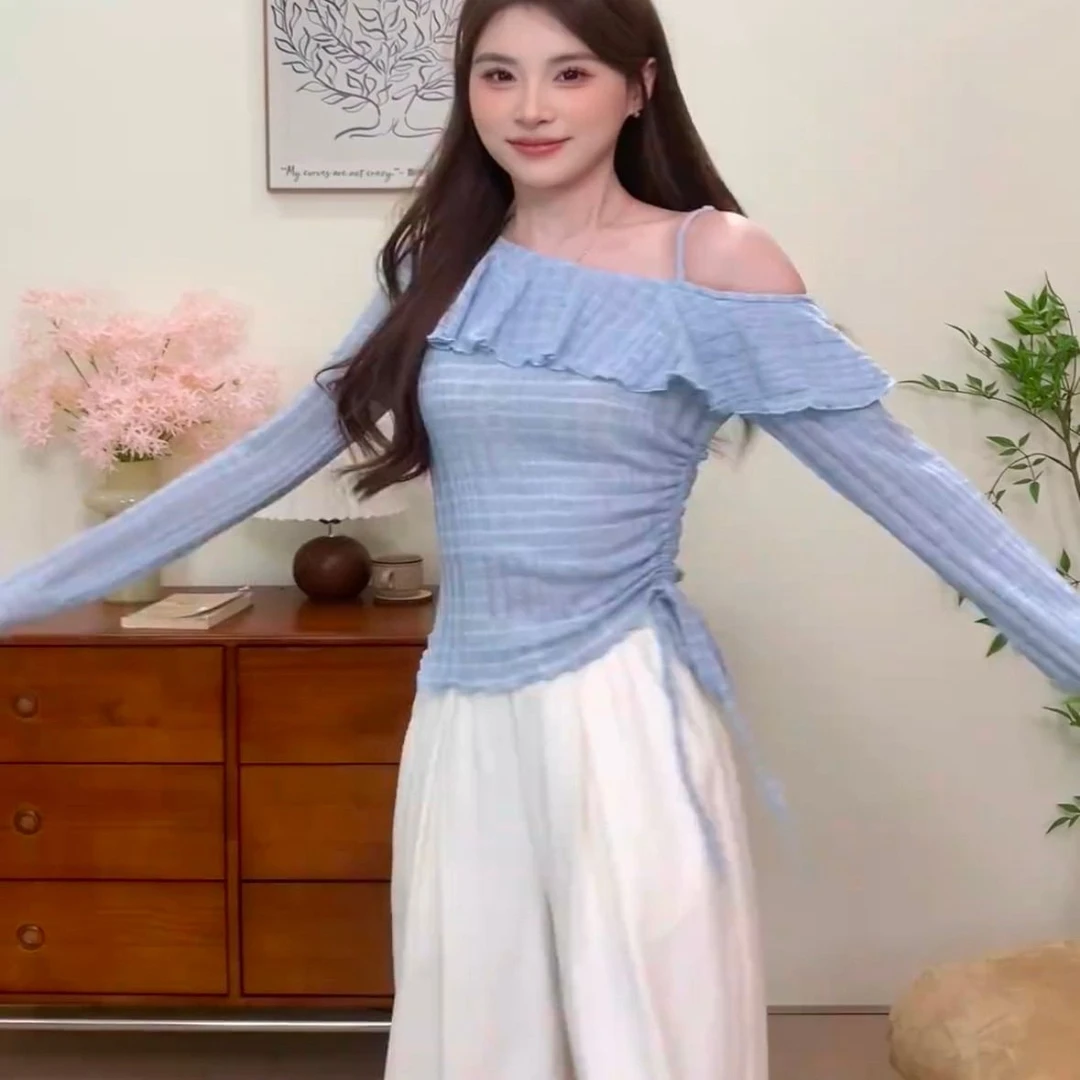 韩系穿搭荷叶边一字肩长袖t恤女夏修身显瘦绑带上衣时尚方领百搭