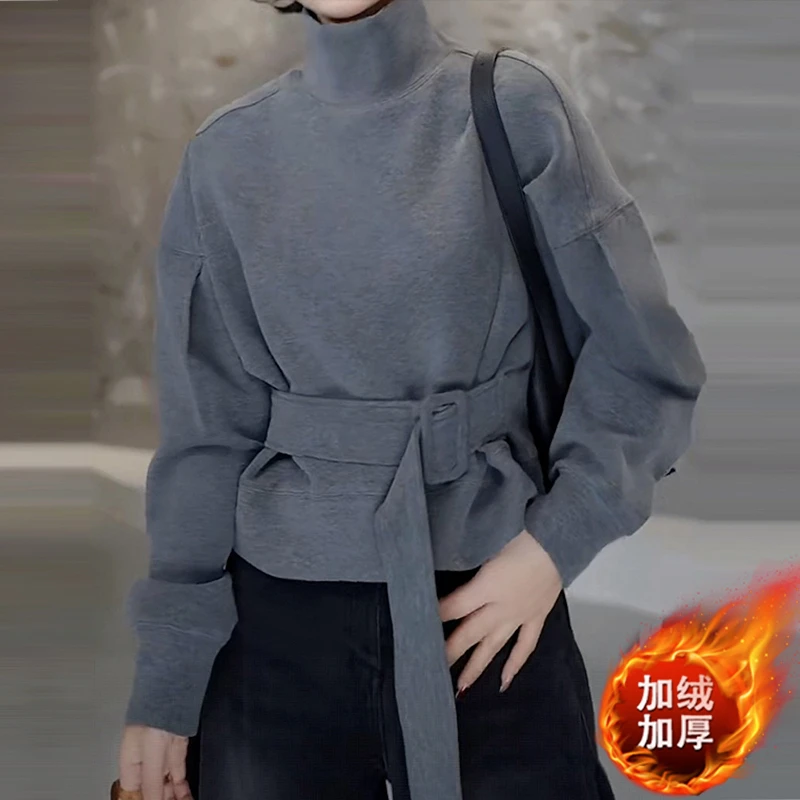 韩系纯色设计感立领百搭加绒卫衣女2025冬季新款系带收腰显瘦上衣