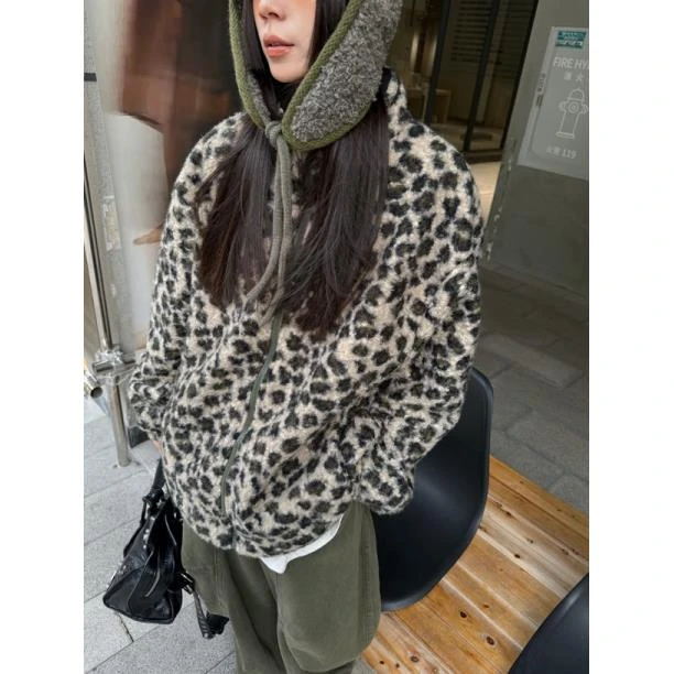 HELLOTANGO《豹纹魅力》小众设计复古豹纹羔羔毛休闲外套54508#