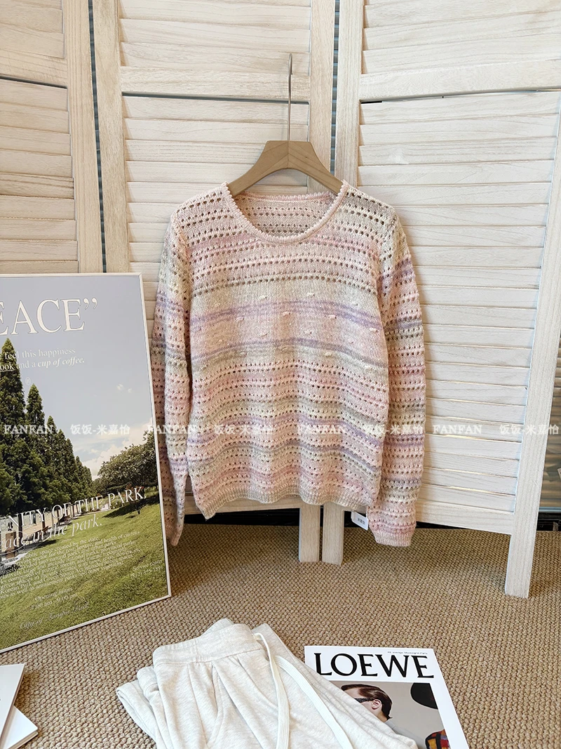 【亮片彩虹扎染】早秋新款！扎染亮片镂空长袖针织衫女毛衣