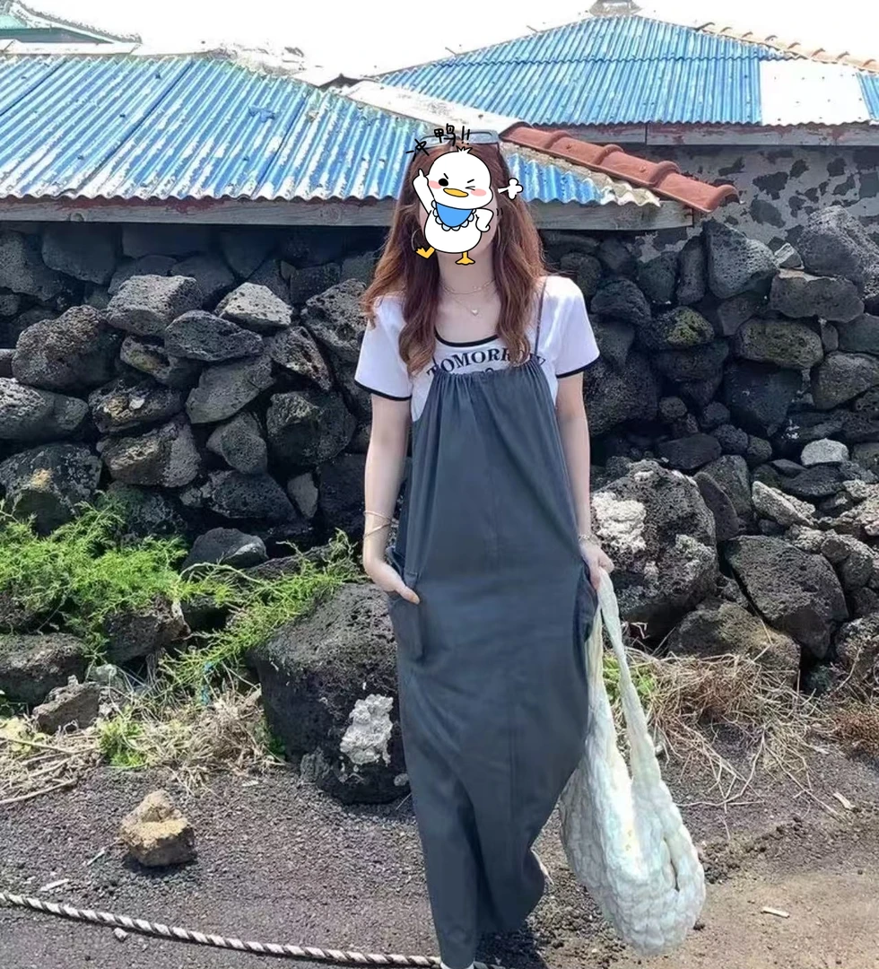 大码简约韩版短袖T恤宽松吊带连衣裙微胖显瘦长裙两件套1902#