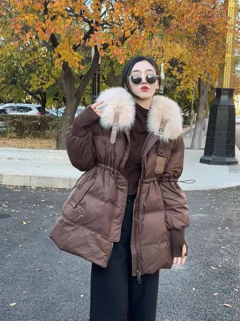 海军领真狐狸毛领大小个子宽松显瘦收腰一手长羽绒服8968款