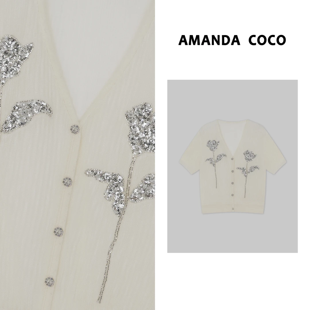 AMANDACOCO奈奈 | 氧气盛夏～串珠亮片花朵冰感防晒气质短袖针织衫
