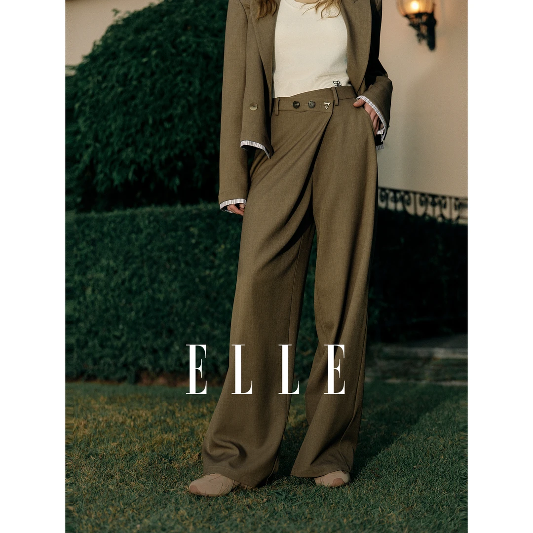 ELLE复古设计感高腰显瘦休闲裤女2025春季新款垂坠感通勤EK50403