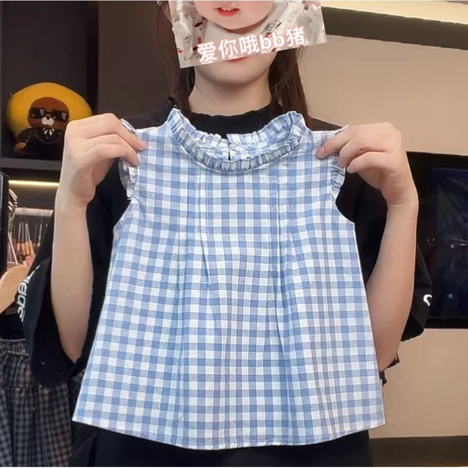 Q现【南韩少女】阿卷女童甜美木耳边小清新蓝白棉麻背心上衣MPG6202