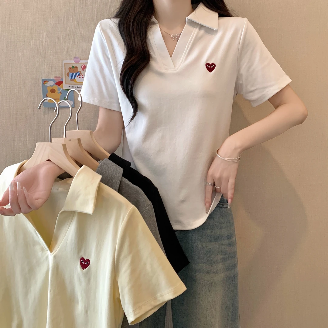 2025春夏大码女装新款爱心刺绣美式正肩短袖t恤3159