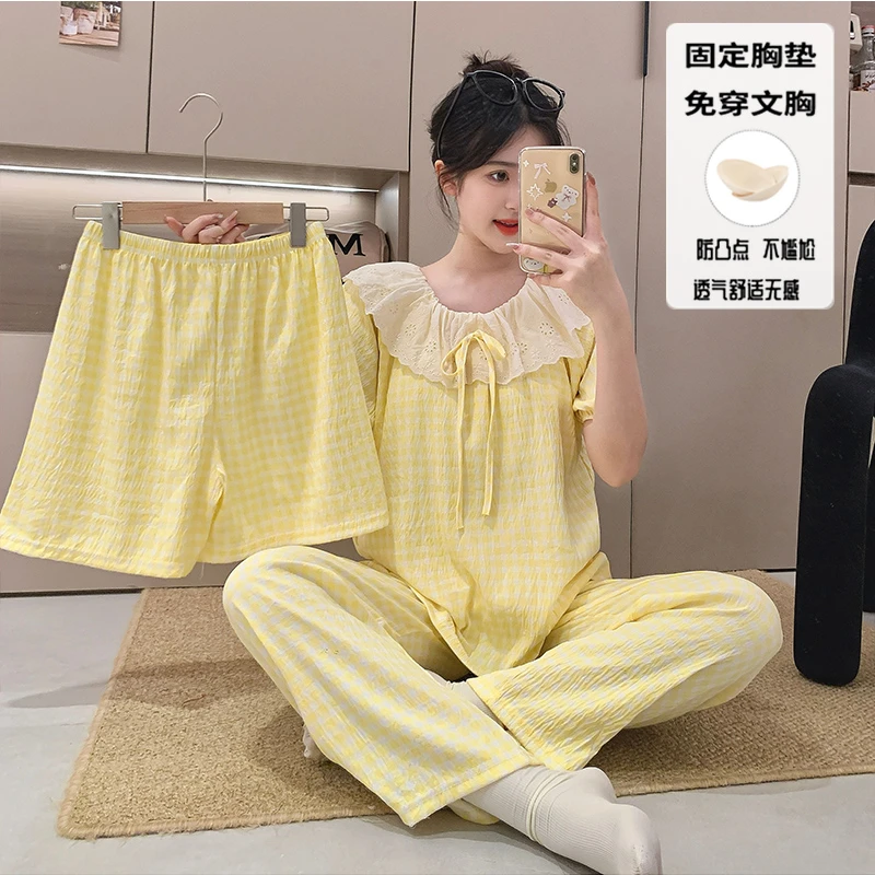 清新柠檬黄格子夏季云朵棉带胸垫三件套女款短袖睡衣三件套家居服