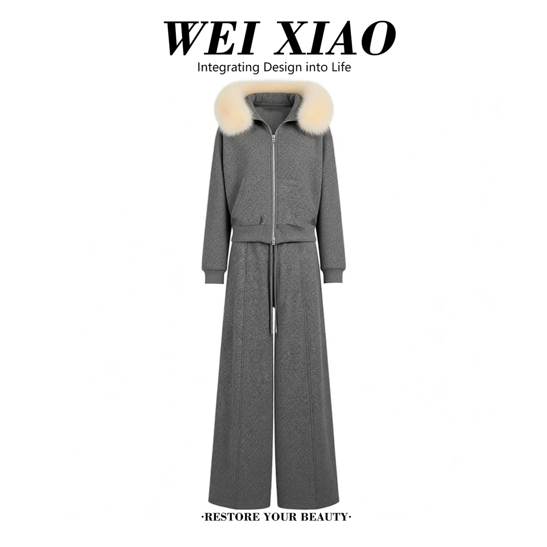 韩系慵懒风毛领连帽卫衣套装女冬季双拉链上衣外套阔腿裤子两件套