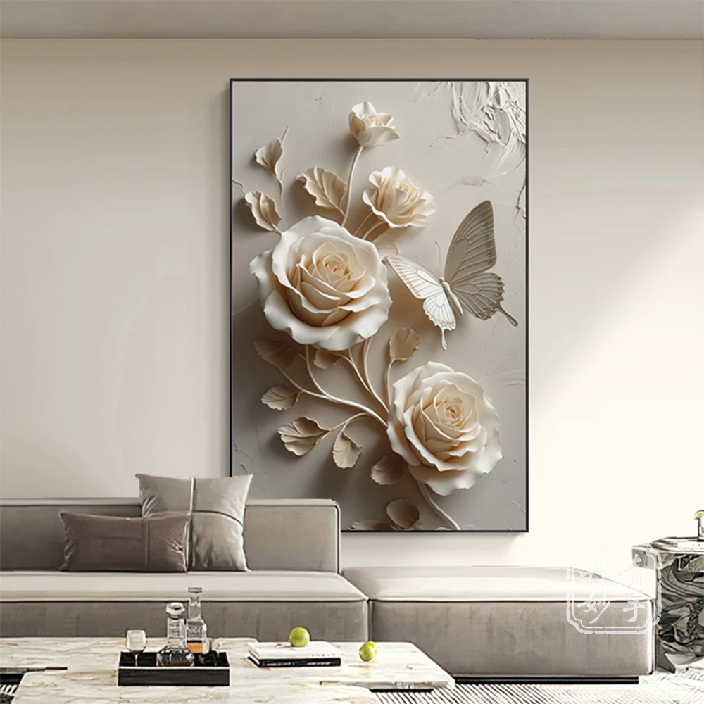 现代简约轻奢蝴蝶玫瑰装饰画玄关餐厅壁画沙发背景挂画