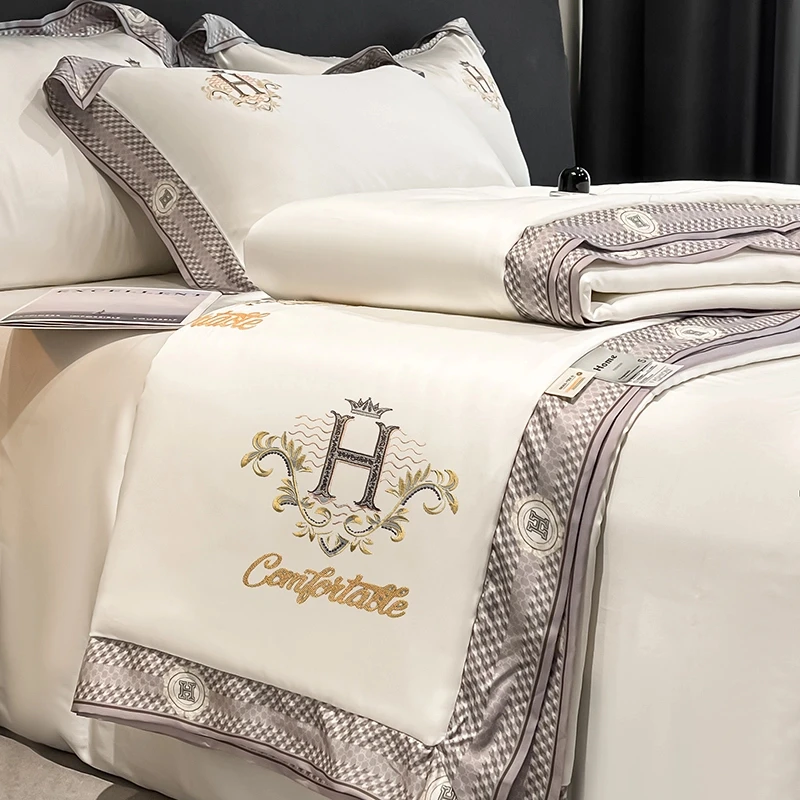 富安娜轻奢高档丝滑纯色夏凉被四件套真丝凉感被夏季双人空调被