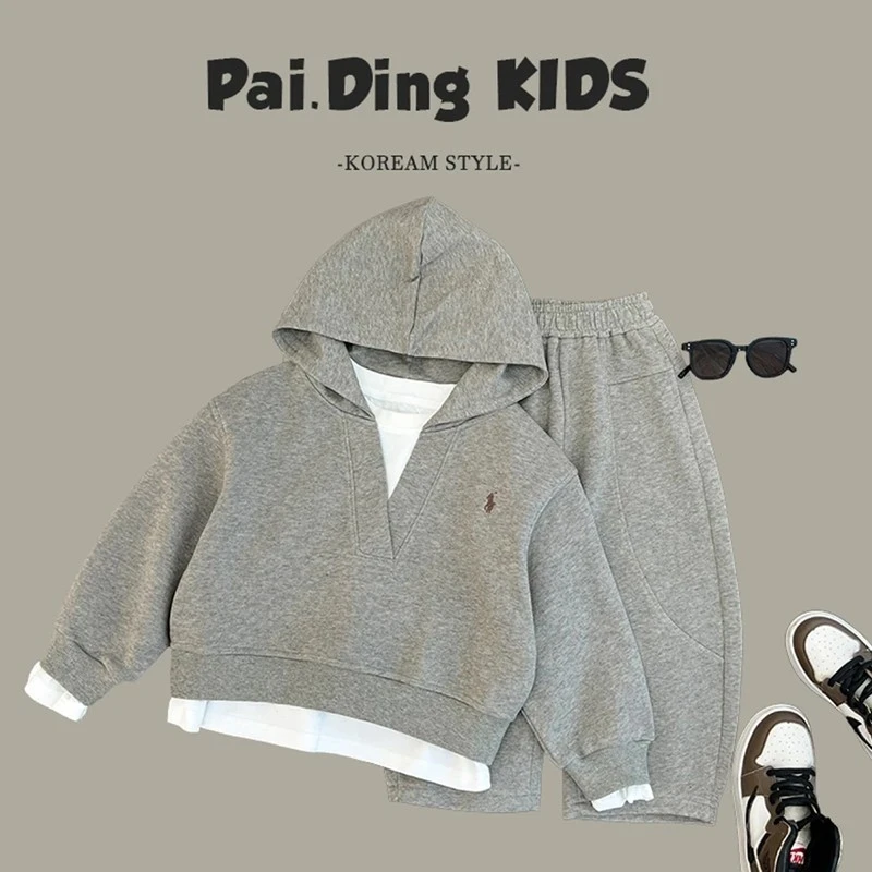 男童套装春装2025新款帅气中小童卫衣儿童假两件宝宝春秋时髦潮