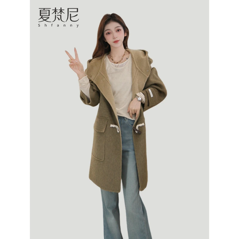 夏梵尼梧桐树下2025冬季新款休闲学院风连帽牛角扣双面呢大衣
