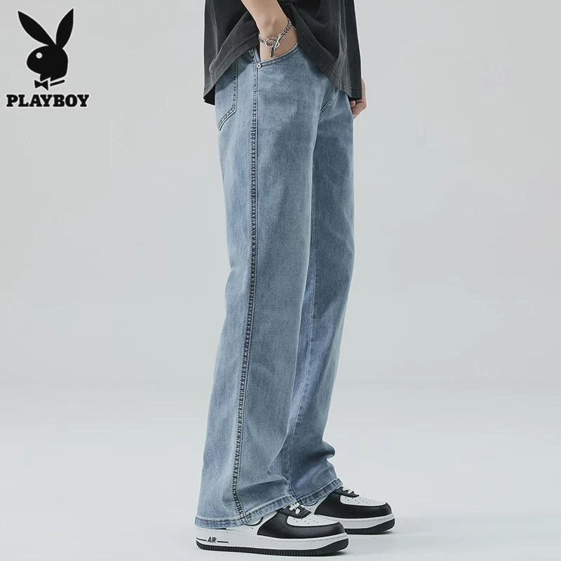花花公子直筒牛仔裤男士冬季宽松微喇潮牌美式休闲百搭长裤子男款