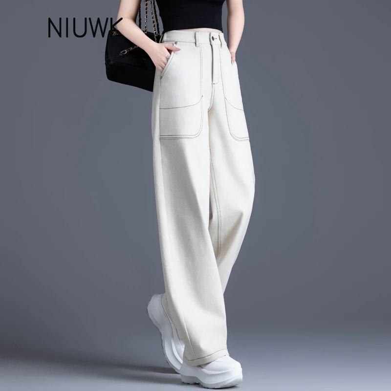 米白色裤子女2025新款夏季新款工装裤宽松休闲松紧腰直筒阔腿裤子
