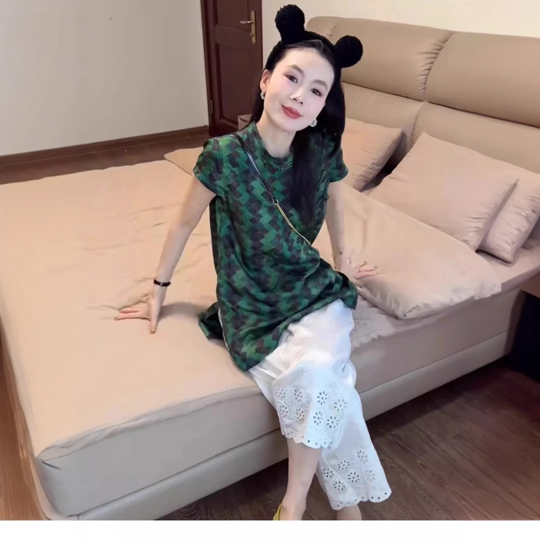 新中式国风套装2025夏季新款高级感气质短袖上衣花边镂空阔腿裤女