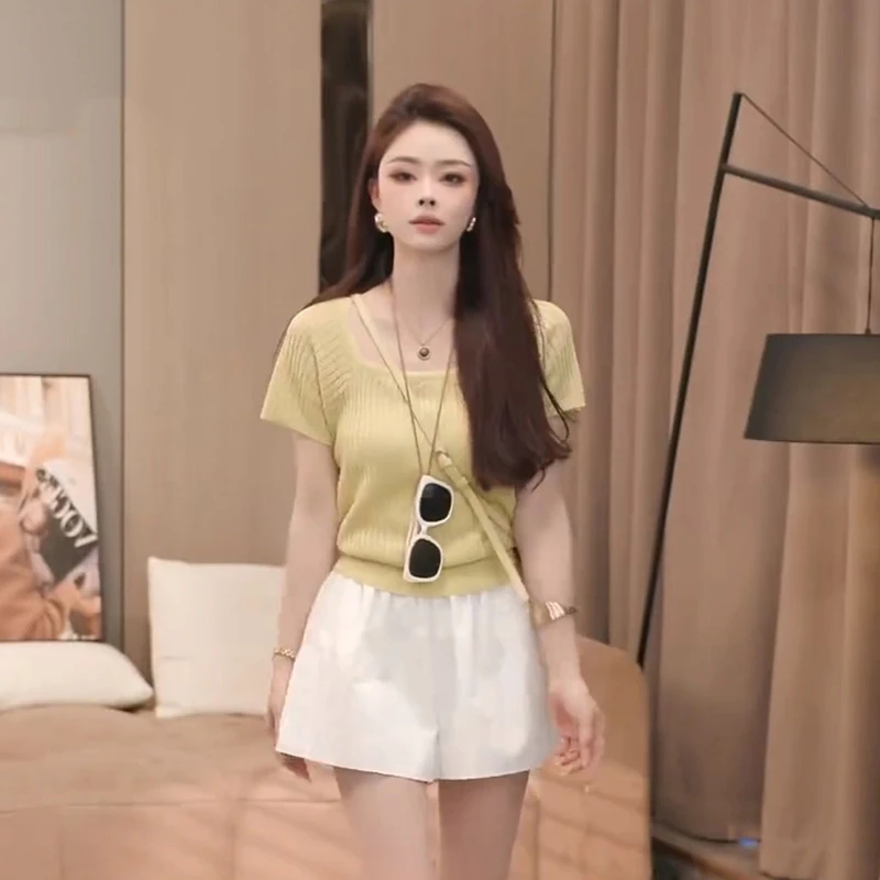 薄款时尚针织衫针织短袖女2024新款爆款夏季辣妹方领百搭短款上衣