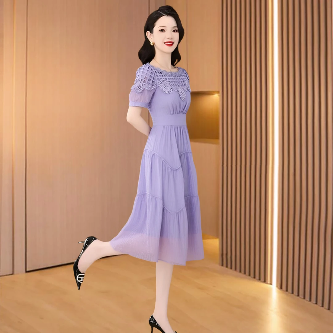 紫色雪纺连衣裙子女夏新款爆款广州沙河轻奢高级感十三行高端品牌