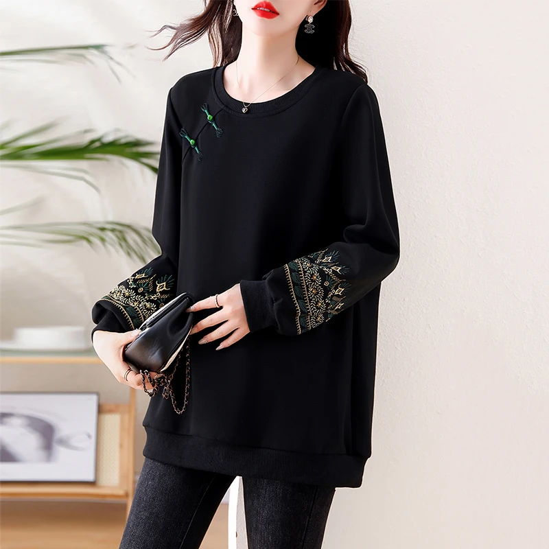 2025春季新款大码宽松黑色圆领卫衣新中式国风遮肉显瘦百搭上衣女