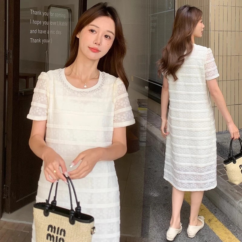 拉夏贝尔法式蕾丝连衣裙女2025夏季新款欧货气质优雅镶珠圆领长裙