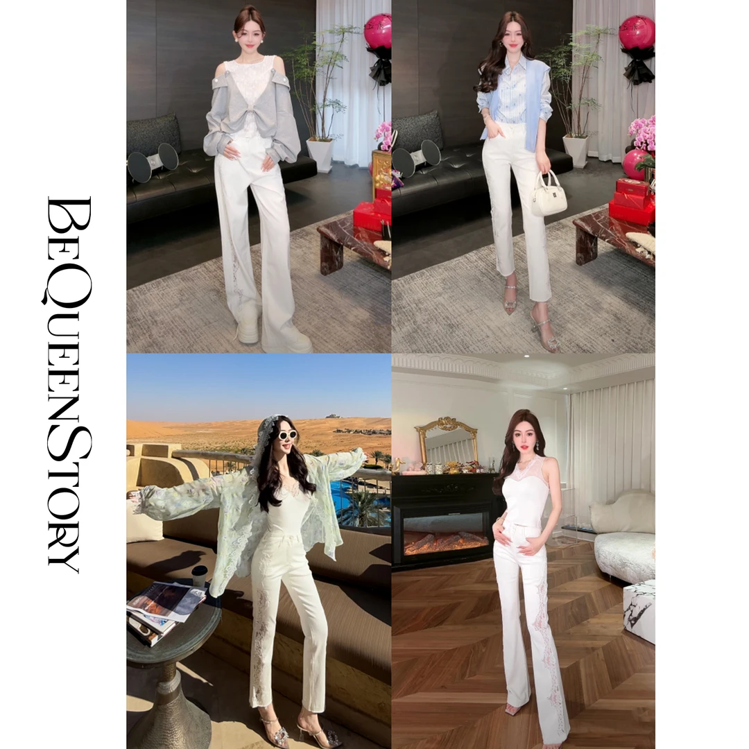 余潇潇【漫步生花】2025春装新款欧若风天丝混纺拼接白色蕾丝牛仔裤