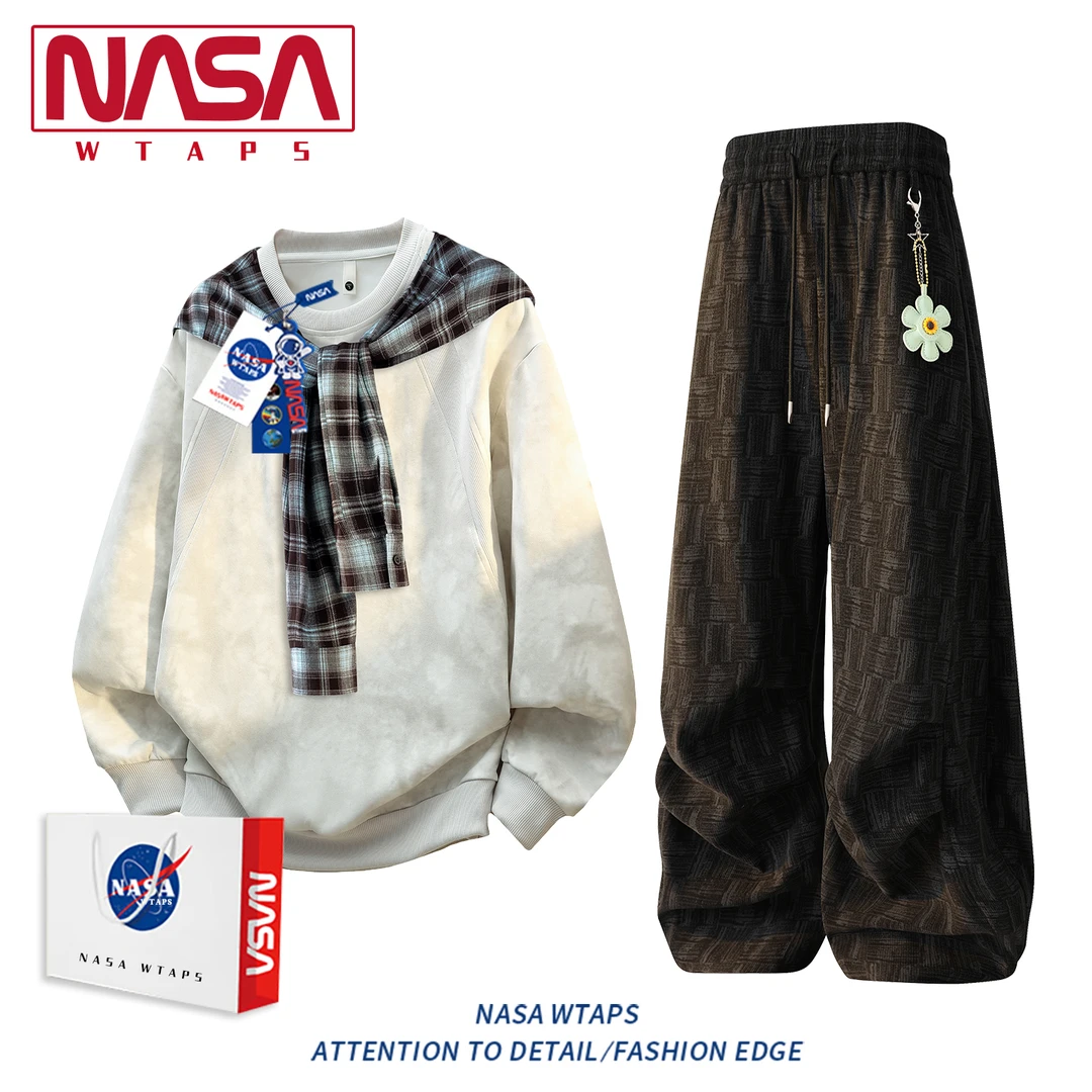 NASA WTAPS美式复古格子披肩卫衣套装男春秋季宽松休闲情侣两件套
