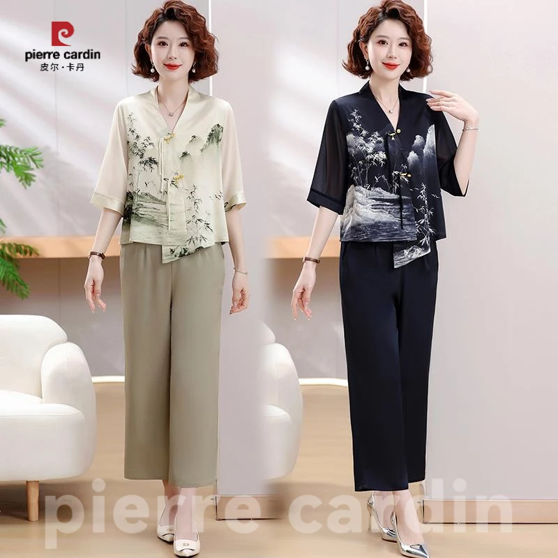 皮尔卡丹中年妈妈春夏新中式国风套装2025新款洋气上衣服中老年女