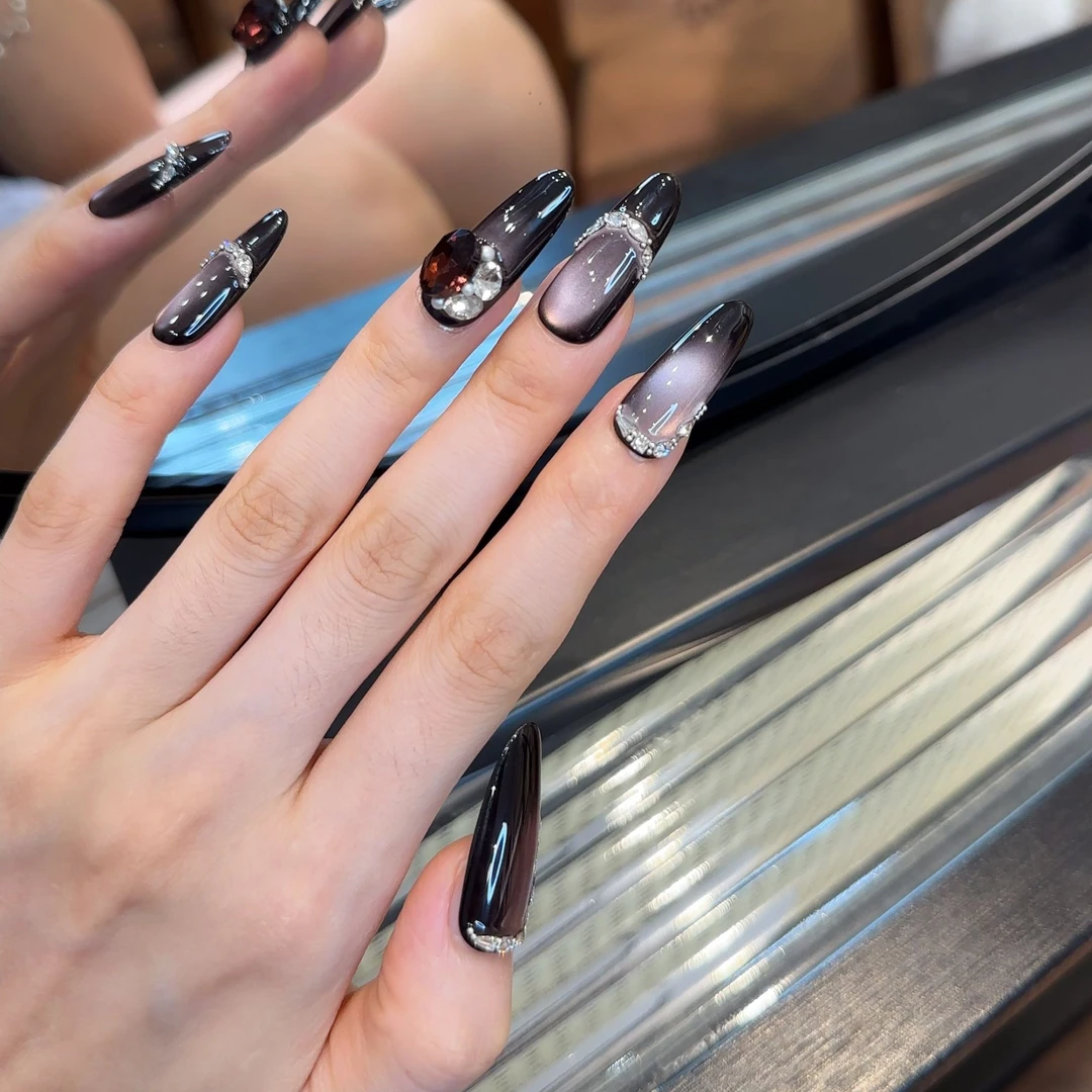 【暗紫星河】玻璃珠猫锆石满钻酷黑手工美甲指甲贴片纯手工穿戴甲