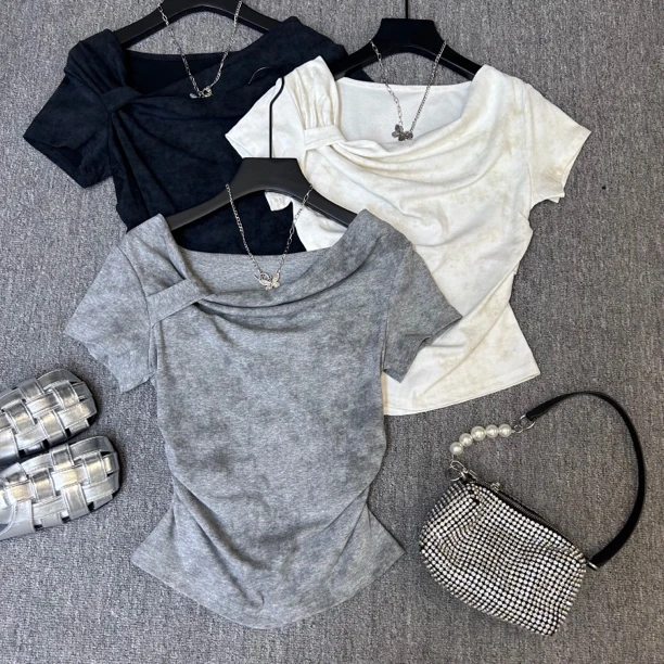 不规则扎染绑带收腰短袖女2025夏新款设计感减龄时髦气质上衣610#