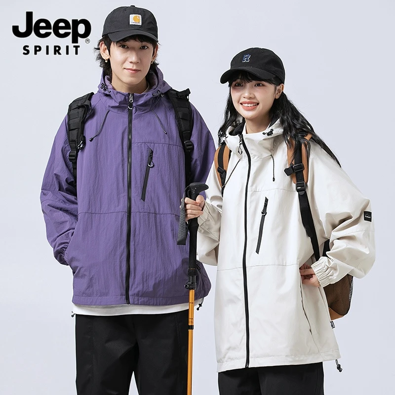 JEEPSPIRIT吉普新款春秋防风防水螺纹下摆山系情侣冲锋衣牛仔风