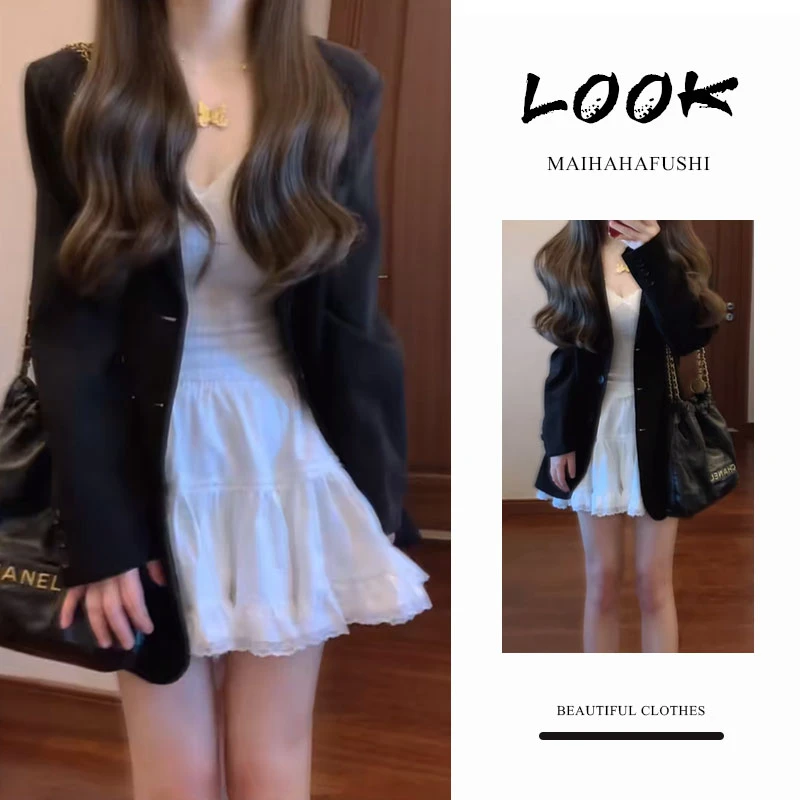 早春一整套女装2025新款韩版通勤西装外套吊带上衣百搭短裙三件套