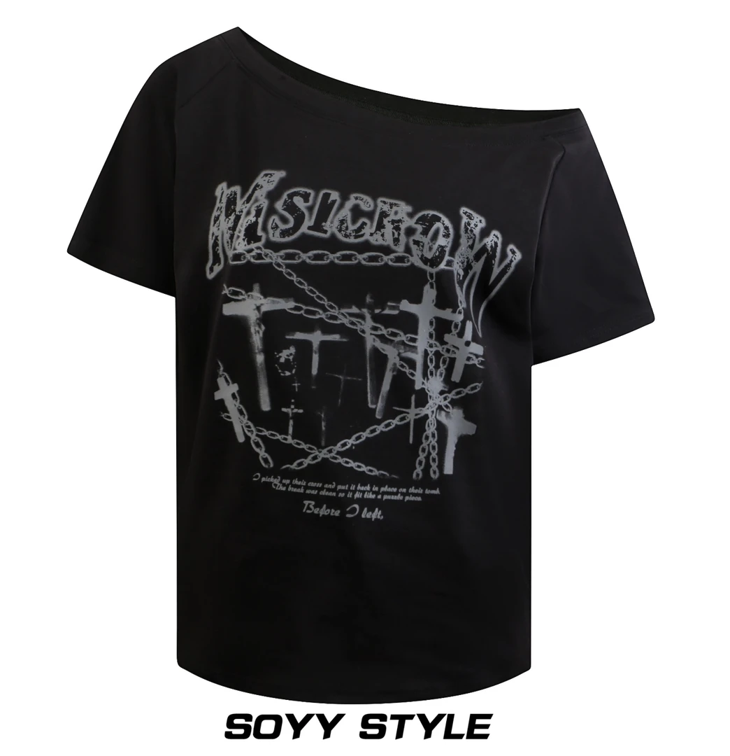 SOYY美式复古十字架锁链印花斜肩休闲辣妹短袖设计感显瘦上衣女潮