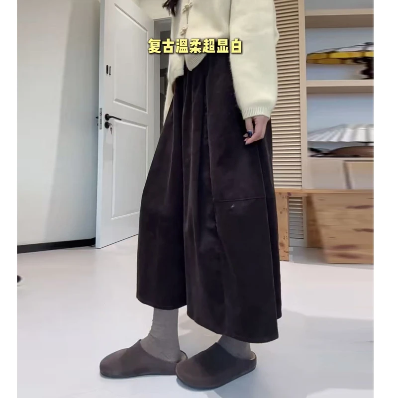 秋季复古咖色花苞阔腿裤女加绒宽松灯芯绒八分裤百搭加厚休闲裤子