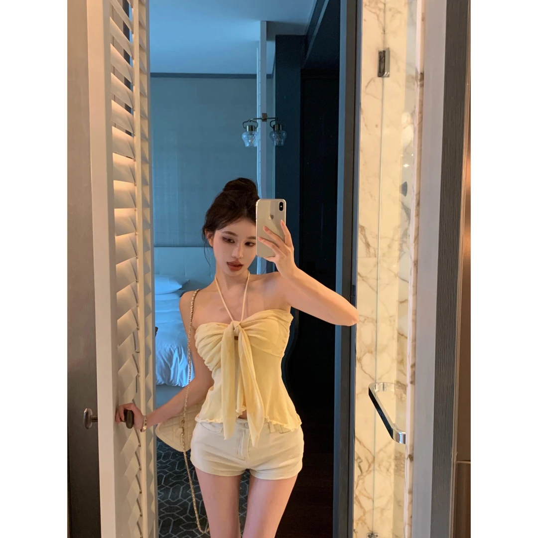 实拍 香香软软纯欲性感挂脖吊带女蝴蝶结绑带针织抹胸上衣