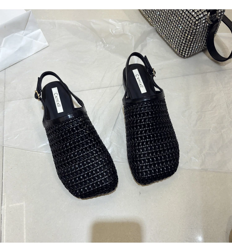 春夏款法式编织镂空方头粗跟舒适百搭软面真皮女鞋