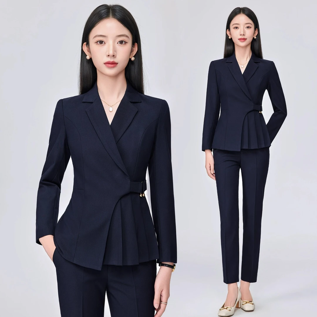 藏青色西装套装女春秋美容院前台工装职业装气质珠宝店工作服外套