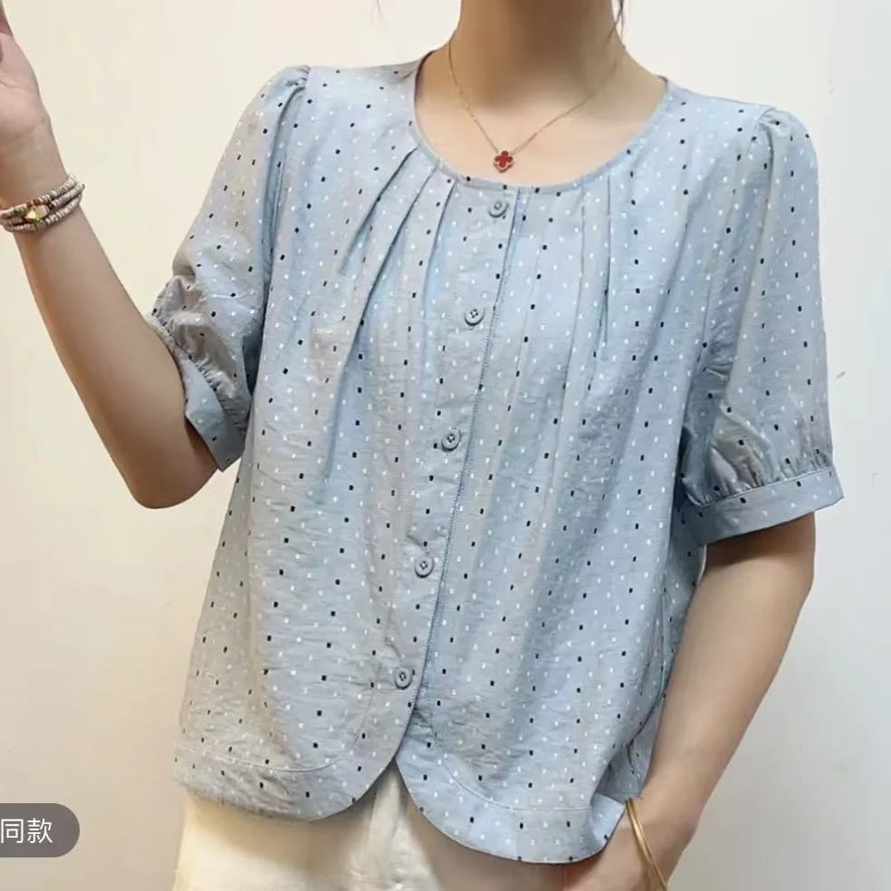 2025年夏季甜美波点休闲百搭圆领短袖衬衫韩范气质时尚优雅衬衣女