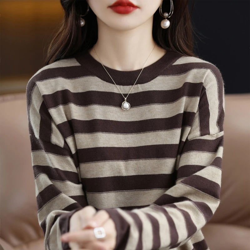 圆领时尚春秋条纹长袖毛针织衫打底衫静奢风常规宽松大码上衣
