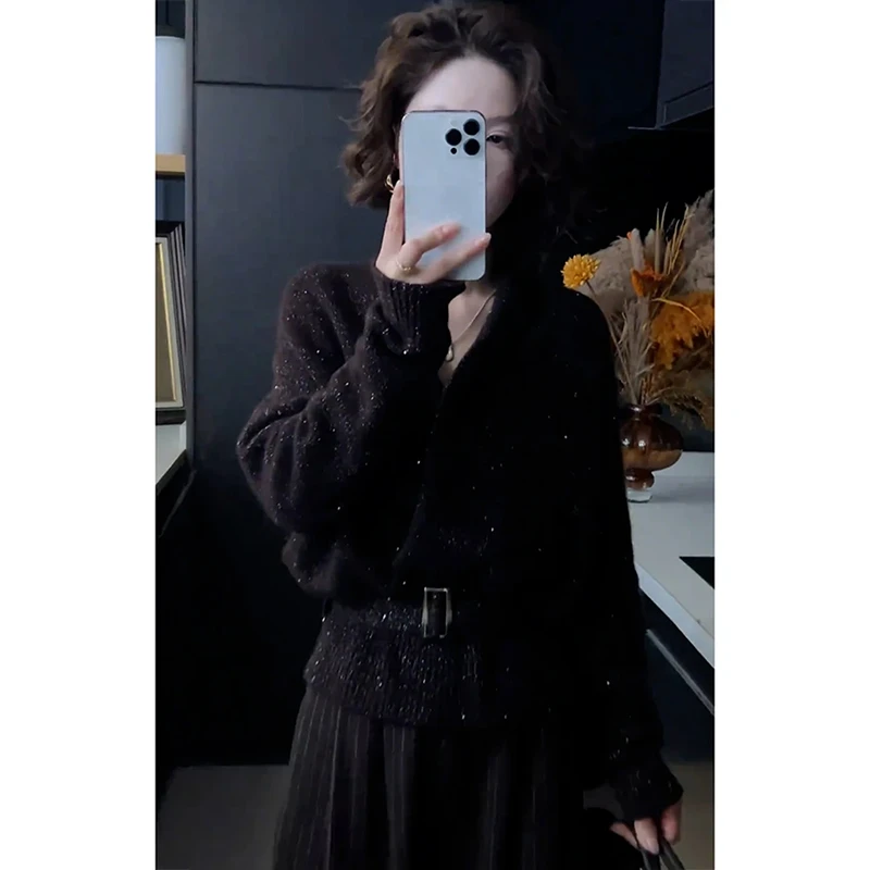 高级感黑色V领毛衣女秋冬新款慵懒风软糯收腰显瘦洋气针织衫上衣