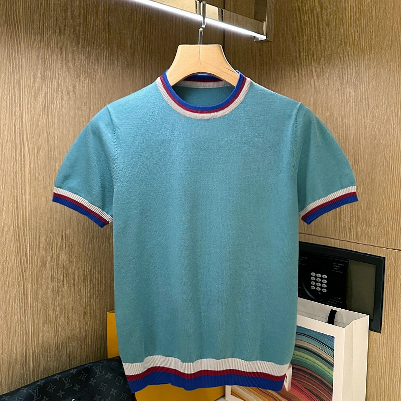 夏季透气轻薄短袖男生衣服高级感 潮流独特孔雀蓝撞色圆领t恤男装