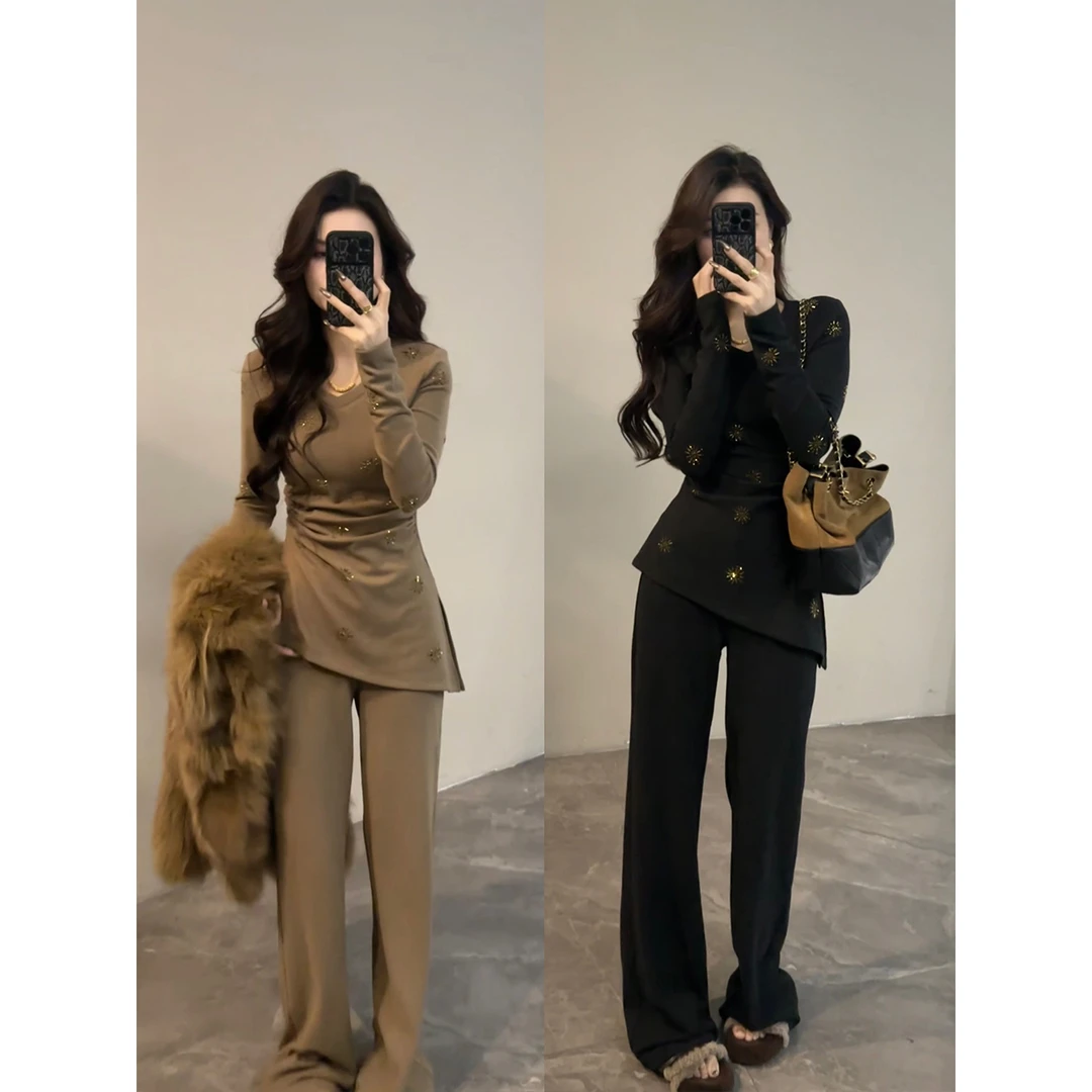 【大婷婷】 秋冬时尚慵懒休闲套装气质修身上衣直筒裤两件套DT1811