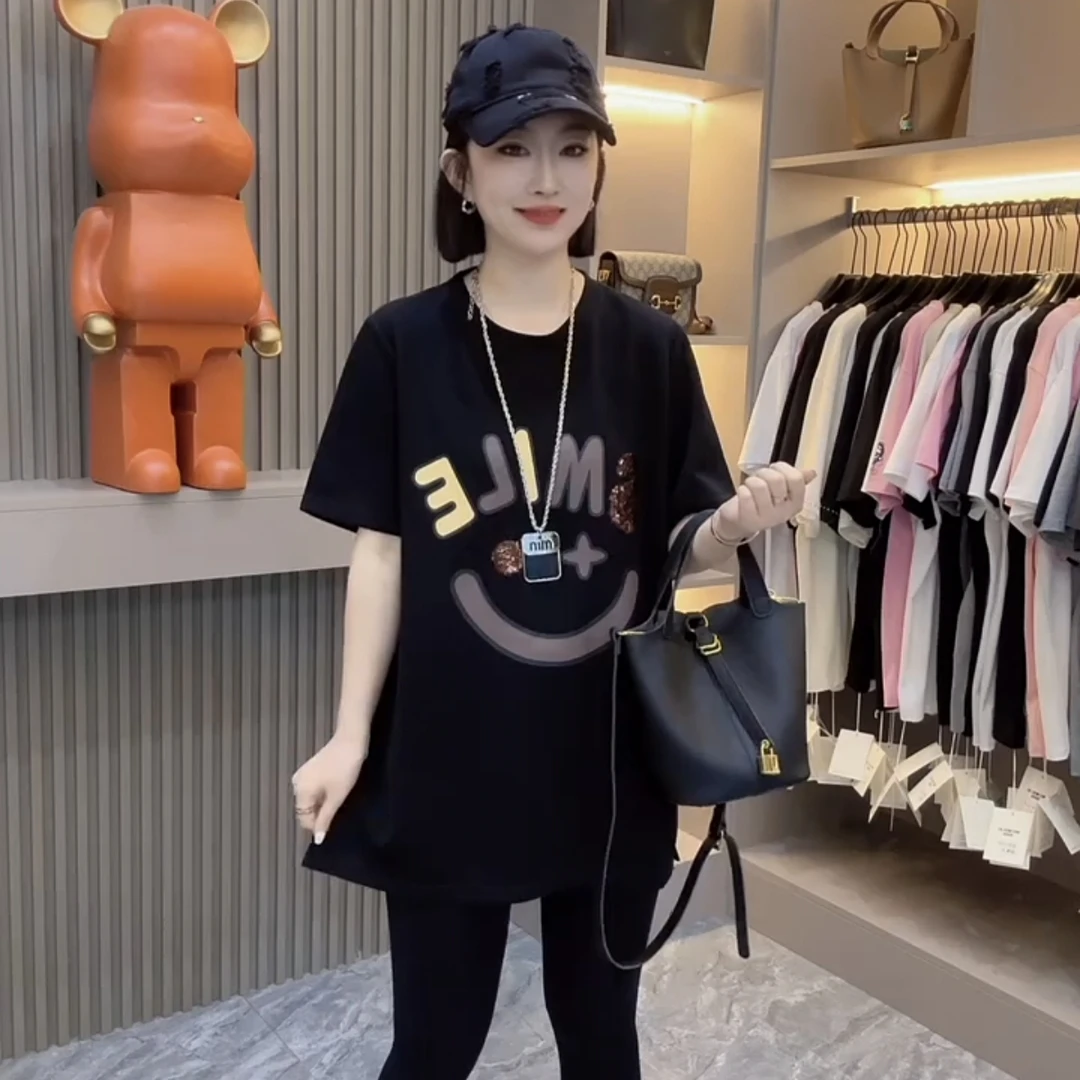 2025夏季新款笑脸亮片字母短袖T恤时尚百搭宽松显瘦中长款打底衫