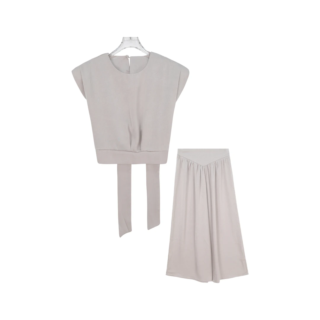 法式设计感无袖绑带镂空小衫高腰显瘦裙裤套装X26561