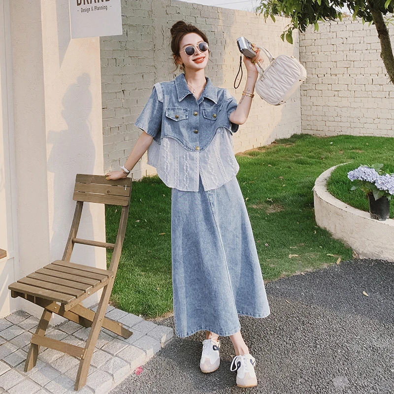 复古翻领牛仔拼接套装裙2025夏季新款可盐可甜显高又显瘦简约大气