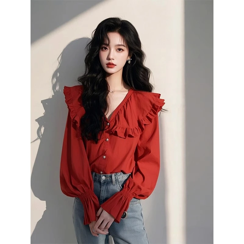 2025超火高级感轻奢法式气质上衣红色v领木耳边拼接长袖衬衫女春