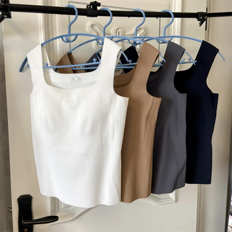 宽肩磨毛加绒修身保暖背心女带胸垫侧收无痕竖条纹打底外穿上衣女