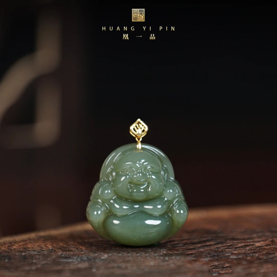 【凰一品】俄料碧玉佛公吊坠18k金 配粗银链