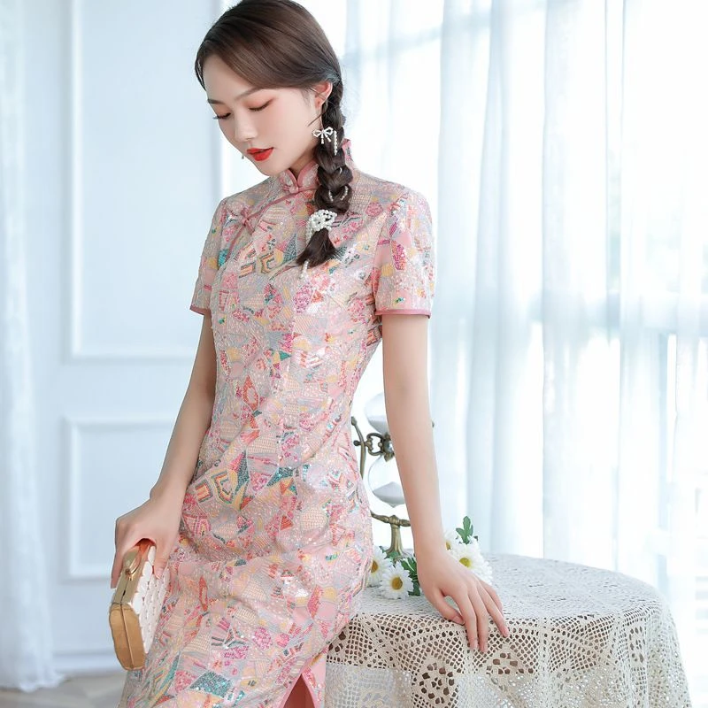 名媛淑女改良旗袍夏季婚礼日常修身连衣裙重工轻奢亮片刺绣新中式