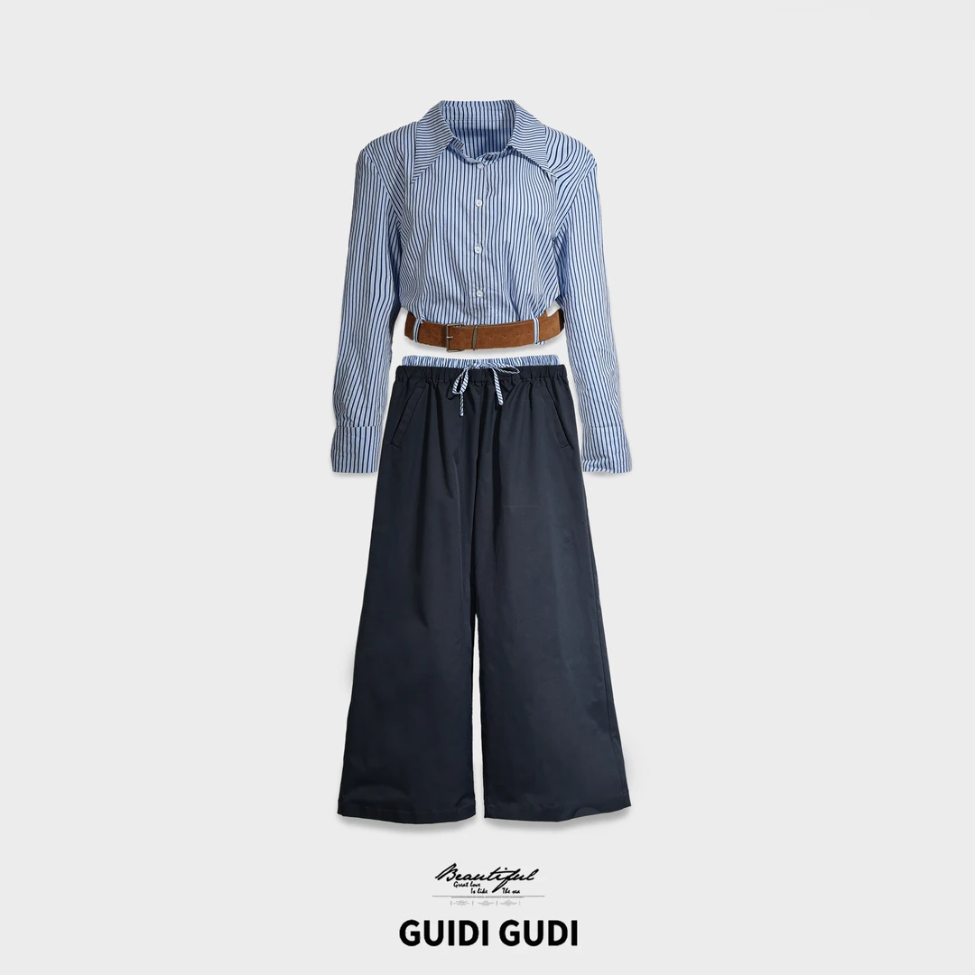 GUIDI GUDI【海上钢琴家】拼接条纹衬衫休闲裤套装/黄加蓝
