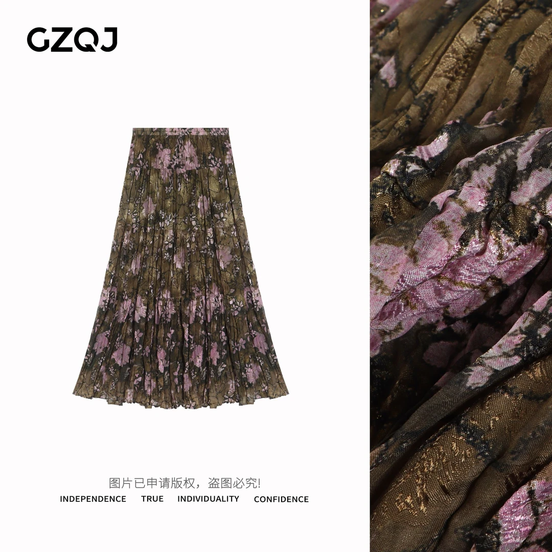 老琴私服【莫奈呼吸】欧若风显瘦褶皱碎花大摆裙高腰半身裙女春4534
