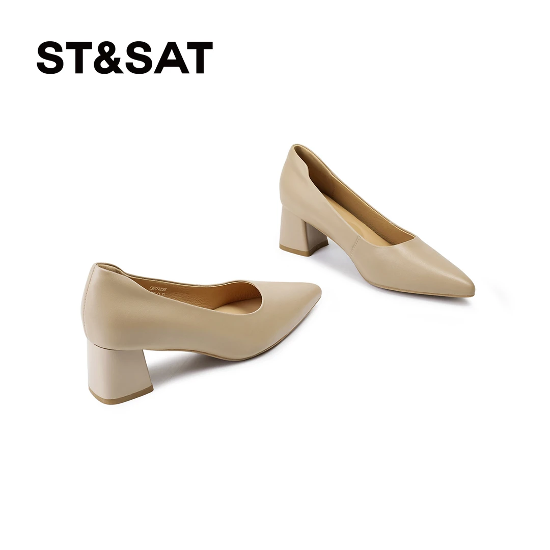 【舒适牛皮】尖头时装鞋纯色高跟中跟鞋气质通勤女鞋浅口女单鞋